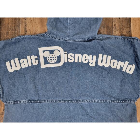 Rare Disney Resort Medium Denim Hoodie Pullover Spellout Script‎ Spirit Jersey - Picture 10 of 16
